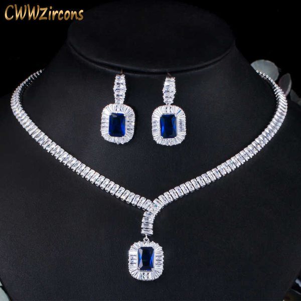 Bling Square Drop Dark Blue Cubic Zircon Collar y pendiente Conjunto de joyería de fiesta para novias de boda T507 210714 3MGX