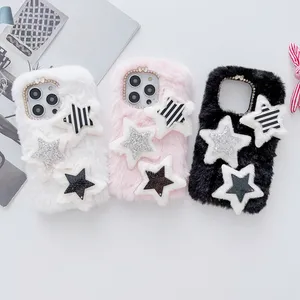 Bling Star Starry Diamond Phone Cases pour iPhone 15 14 Pro Max 13 12 11 XR XS X 8 7 Plus Iphone15 Soft TPU Mode Fluffy Fourrure Véritable Lapin Cheveux Bow Téléphone Couverture Arrière Peau