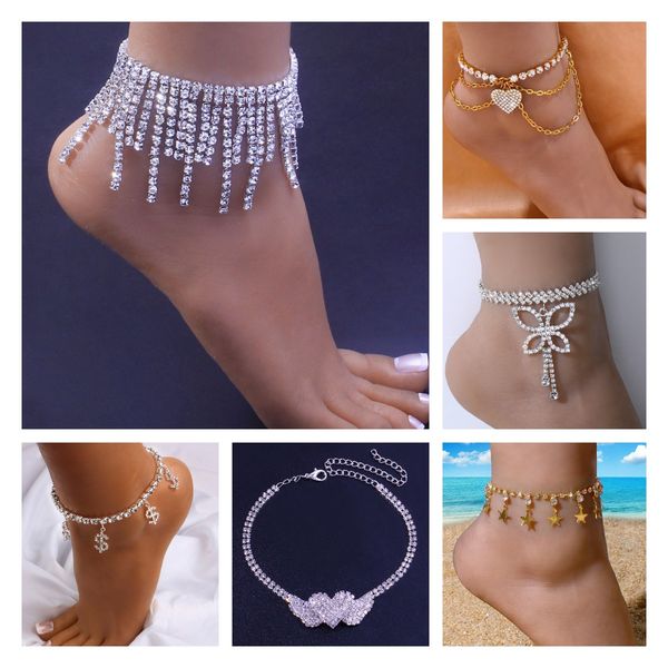 Bling Gland Charme Pendentif Chaîne Bracelets de Cheville Coeur Papillon Signe Dollar Cheville Bracelet pour Femme Boho Sexy Brillant Strass Bikini Plage Bijoux Glacé Plein Diamant