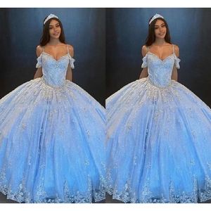 Bling tule bahama blauwe quinceanera jurken baljurk van de schouderapplique kanten kristal open back veter-up prom afstuderen