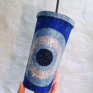 Bling Tumbler Personaliseer naam Rhinestone Tumbler roestvrijstalen waterflessen met stro Turkse oog thermosflessen 240401