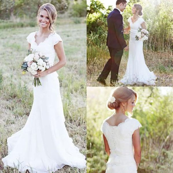 Robes de mariée en dentelle de jardin de campagne sirène col en V mancherons robe de mariée de mariage Boho plage bouton couvert robes de soirée de réception