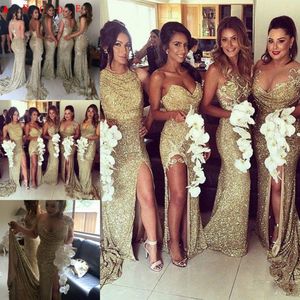 Blingbling Gold Pailletten Mermaid Bruidsmeisjes Jurken Gemengde Stylesexy Maid of Honour-jurken Sheer Back Side Split Prom Jurken Party Avondslijtage