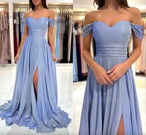 Blingbling Lovertjes Avondjurken A Line Off Shoulder Split Front Prom Dress Plooien Ruches Lange Bruidsmeisjes Partij Jassen