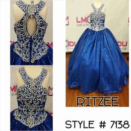 Blingbling Sparkle Girls Pageant Jurken 2019 Beaded Crystals Neck Ball Gown Meisjes Prom Party Dansjurken Sleutelhang Hals Mouwloze Echte afbeelding