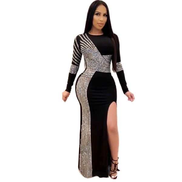 Blingbling mujeres dama maxi vestido largo ceñido al cuerpo vendaje fiesta de noche pasarela espectáculo vestidos de otoño de manga larga