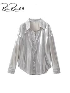 BlingBlingee argent brillant métallique femmes blouse décontractée Traf printemps col en V à manches longues chemise boutonnée haut féminin Y2K 240130
