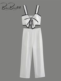 Blingblingee y2k blanc Big Bow Patchwork Femmes Camis Camis Two Piece Set Traf Été Sans manches Slim Crop Top Femelle Pantalon Pantalon 240506