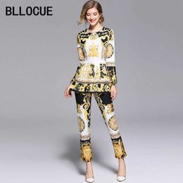 Bllocue Hoge Kwaliteit Mode Designer Runway Suit Set Women's Long Mouw Vintage Print Tops + broek Tweedelige 210930