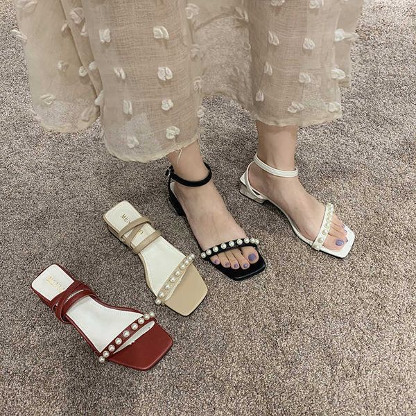 Block Heels All-Match 2021 Summer Roman Sandales Chaussures noires pour femmes Boucle Strap Med Chunky Gladiator Beige Pearl Girls New Co Y0608