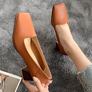 Bloc talons pour femmes pompes Style classique à lacets formelles dames chaussures sans lacet bout carré 2022 bouche peu profonde chaussures gros or