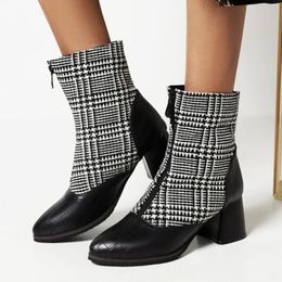 Bloc femmes 48 bottes zippées taille grands talons avant dames couleurs mélangées Plaid à talons hauts cheville chaussures de bureau hiver 252