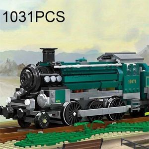 Bloques 1031 Uds. Modelo de tren de vapor verde Retro clásico, bloques de construcción, conjunto de tren de transporte ferroviario de ciudad, ladrillos, regalos de Navidad para niños, ToyL231223