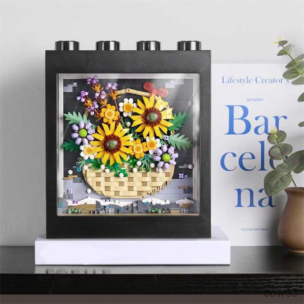 1066 piezas Mini cesta de girasol flores ramo marco de imagen bloque de construcción DIY decoración del hogar ladrillos juguetes para niños regalos R230718