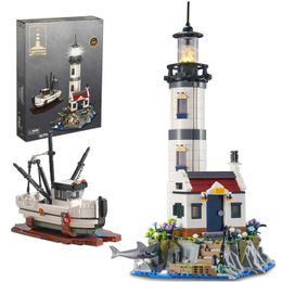 Blokken 1677pcs Electric Lighthouse Building Fisherman Rescue Boats Model bakstenen met lichte kinderen speelgoed kerstcadeaus H240523