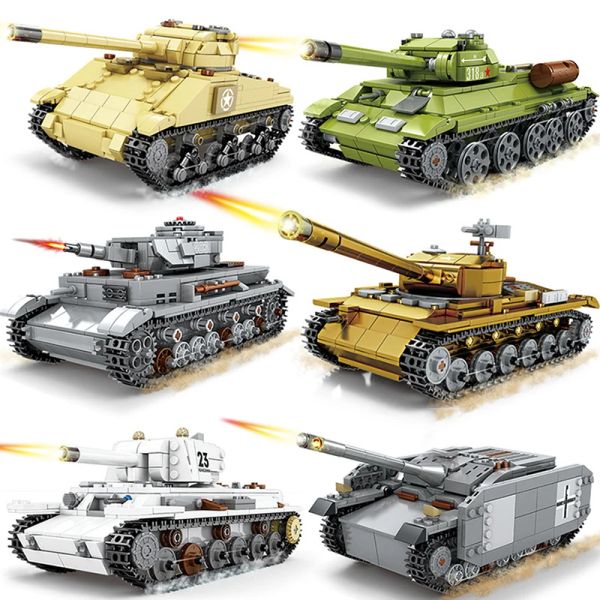 Bloques 2023 Conjuntos de tanques militares Nuevos Juegos de la Segunda Guerra Mundial de Alemania US T34 Kits de construcción Modelo Kits del ejército Mundial 2 1 I II Toyadores blindados del vehículo Panzer