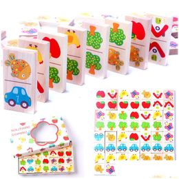 Blokken 28 stks Houten Domino Fruit Dier Herken Domino's Games Jigsaw Montessori Kinderen Leren Onderwijs Puzzel Baby Speelgoed 23051 Dhmxm