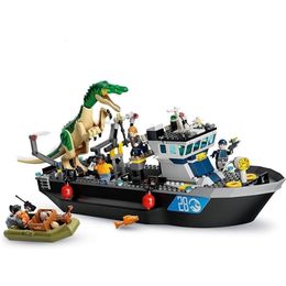 Bloques 308pcs Dinosaur Boat Escape Jurrasic Dinosaurs Toy 76942 Builicias Juguetes Juguetes Niños Diy Boys Birthday Holiday Regalo 230814