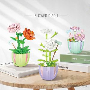 Blokken 388 stcs Bouwstenen Bouquet 3D Model Toy Toy Decoratie Plant Pot Rose Flower Bakblokken Meisje Toys Child Gifts R230814