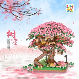 Blokken 3D Mirco Sakura Flower Treehouse Bouwsteen Creative Street View Cherry Blossom Decor Diy Bricks Valentijnsdag Toys Gifts 230222