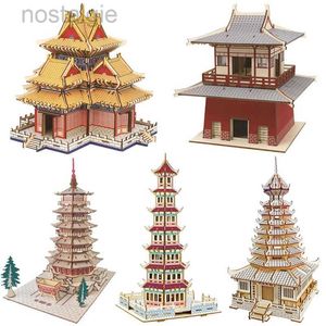 Bloques 3D Pagoda de madera Puzzle DIY Edificio Templo Modelo Juguete de madera Arquitectura china Grúa amarilla Torre Yueyang para niños 240401