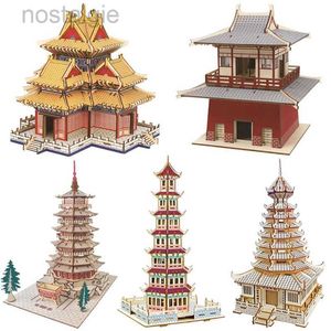 Blokken 3D Houten Pagode Puzzel DIY Gebouw Tempel Model Houten Speelgoed Chinese Architectuur Gele Kraan Yueyang Toren Voor Kinderen Kids 240401