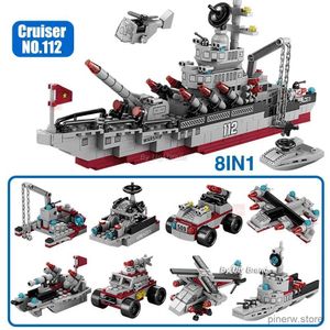 Blokken 554 STUKS Stad Militaire Serie 112 Cruiser Schip 8in1 Modellen Leger Oorlogsschip Vliegtuigen Vrachtwagen Bouwstenen DIY Speelgoed voor jongens Kids Gift