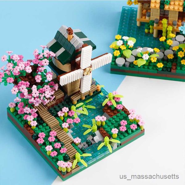 Bloques 600+PCS Sakura Windmill Micro Building Blocks Flower House City Street View Architecture Asamble B Toys Regalo para niños R230817