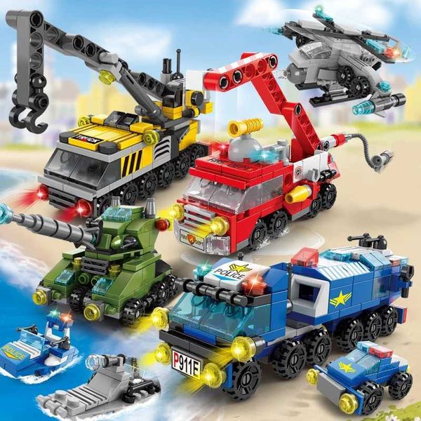 Blocs 6In1 Building Blocs Urban Fire Truck Police Engineering Engineering Crane Tank Hélicoptère Bâtiment Building Childrens Toy Toy WX