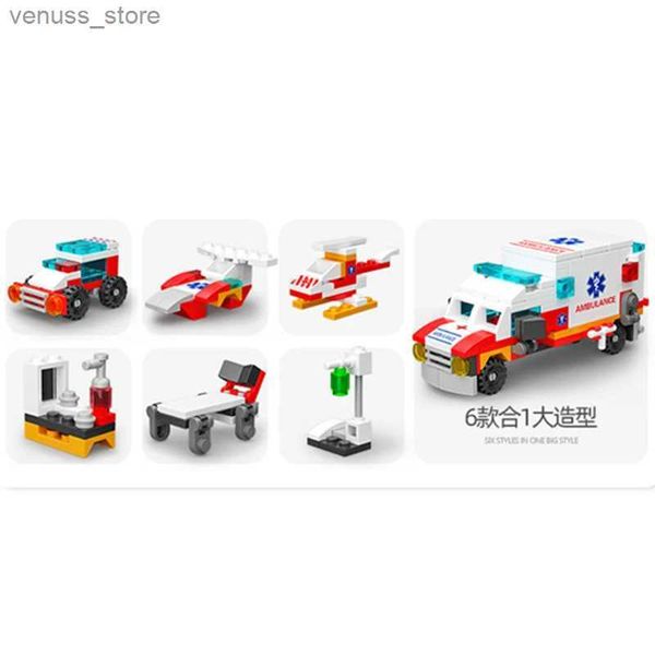 Bloques 6 en 1 NUEVA Ambulancia Escolta Coche Helicóptero Paramédico Doctor Mini Cargador Camión Modelo Clásico Bloques de Construcción Conjuntos Ladrillos Toy City R231208