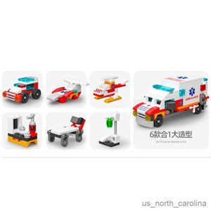 Bloques 6 en 1, nueva ambulancia, coche de escolta, médico paramédico, camión cargador, modelo clásico, conjuntos de bloques de construcción, ciudad de juguete R230907