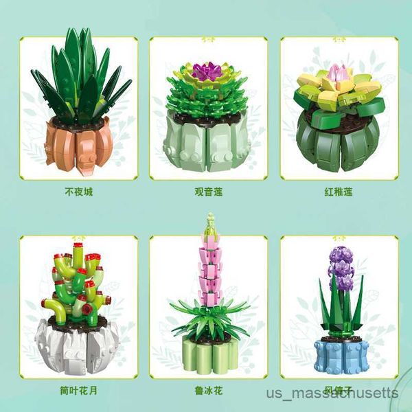 Bloques 6pcs/sets plantas en macetas de bricolaje jacinto suculentes cactus lotus bonsai jardines bloques de construcción romántica modelo b kits para niños juguete R230817