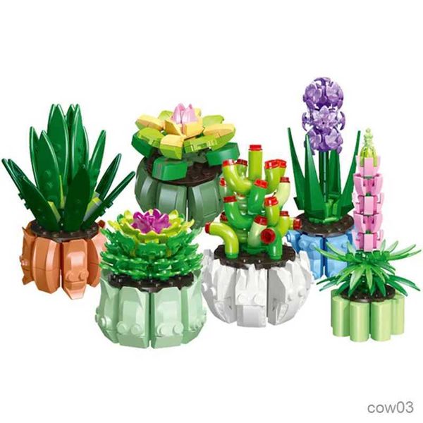 6 unids/set DIY plantas en maceta jacinto suculentas Cactus Lotus Bonsai jardines románticos bloques de construcción modelo ladrillos niños Kits juguete R230720