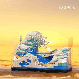 Blokken 720pcs Mini Beroemde Schilderijen Vissenkom Bouwstenen De Grote Golf Off Met LED Aquarium Bakstenen Speelgoed Kids gift R230718