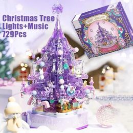 Blokken 729PCS Paars Kristal Kerstboom Muziekdoos Bouwstenensets met licht Creatieve huisdecoratie Kinderen Vakantiecadeaus 231027