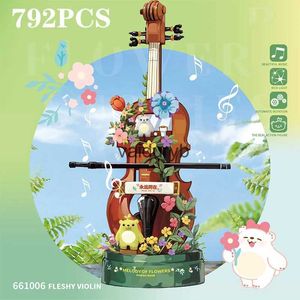 Blokken 792 % Succesvolle vioolmuziekbox Building Cute Bear Immortal Flower Model Block Set met Light Elden Toy Gifts H240527