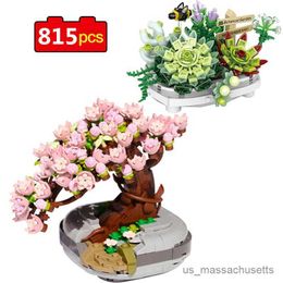 Blokken 815 pcs Eeuwige bloem sakura kersen boom pot bouwstenen