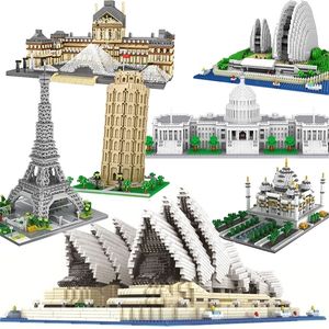 Blokkeert architectuur Taj Mahal Big Ben Eiffel Tower London Pair Louvre Micro Building Capitol Sydney Opera House Construction Toy 221024