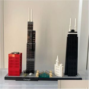 Blocs Art et artisanat bloc Landmark Chicago Skyline Architecture modèle 444 pièces blocs de construction briques jouets enfants coffret cadeau Compatible avec Otzqq