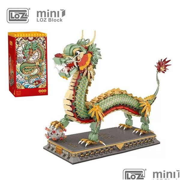 Blocs Blocs Loz 1416 pièces modèle de Dragon chinois bâtiment créatif Mini décoration briques animaux Puzzle jouets avec base enfants Adts jouets Gi Dhekx