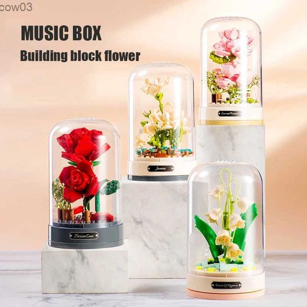 Blocs Blocs de construction fleur boîte à musique fleur plante modèle décoration bricolage saint valentin cadeau romantique fleur jouet briques R231020