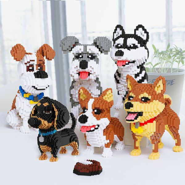 Bloques de animales de dibujos animados Husky Dachshund Mini Micro ladrillos modelo Shiba Inu Schnauzer caniche Mike perro bloques de construcción caniche juguetes para chico 230523