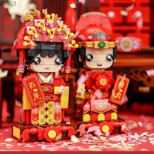 Blocs Dessin animé chinois scène de mariage Miniature assemblé blocs de construction bricolage poupée mariée et marié scène assemblé brique jouet R231020