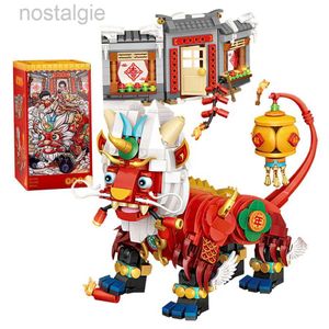 Blokken Chinese Oude Legende Nien Beest Diermodel Mini Bouwstenen Jaar Monster Educatieve Puzzel Speelgoed Voor Kinderen Nieuwjaar geschenken 240401