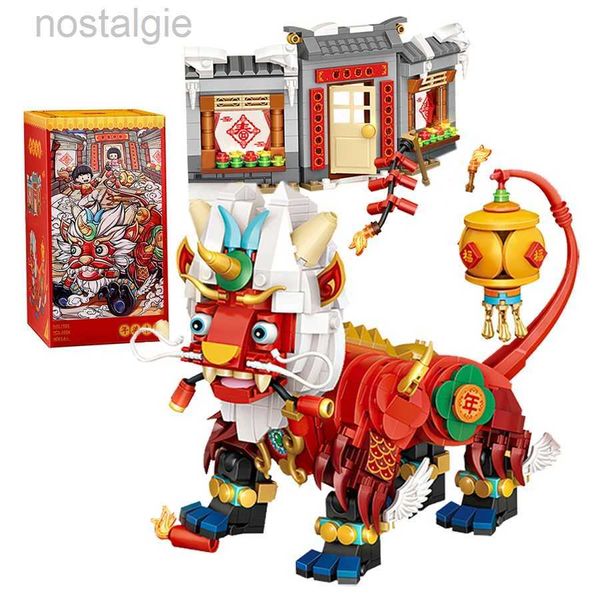 Blocs Légende ancienne chinoise Nien bête modèle Animal Mini blocs de construction année monstre éducatif Puzzle jouets pour enfants cadeaux du nouvel an 240401