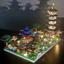 Blokkeert Chinese architectuur Micro -bouwstenen Model Tower West Lake Trees Diy Diamond bakstenen met licht speelgoed voor kinderen volwassenen cadeau