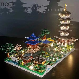 Blokkeert Chinese architectuur Micro -bouwstenen Model Tower West Lake Trees Diy Diamond bakstenen met licht speelgoed voor kinderen volwassenen cadeau