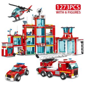 Blöcke Stadt Feuerwache Leiter LKW Hubschrauber Auto Rettungsboot Feuerwehrmann Figur Flugzeug Modell Bausteine Spielzeug für Jungen Geschenk