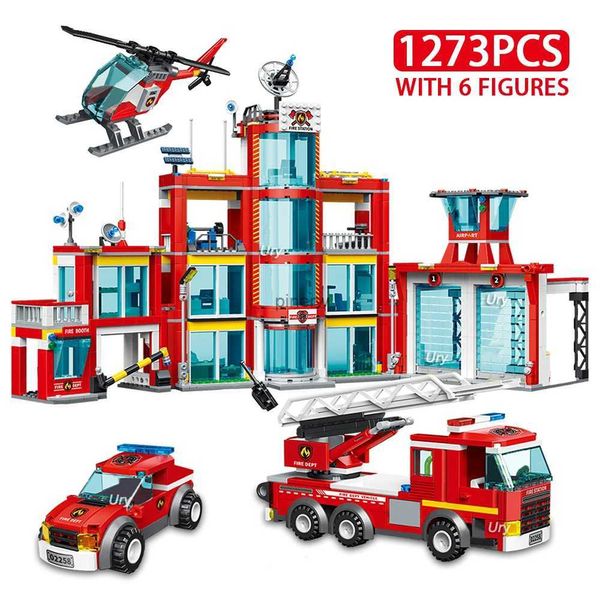 Bloques de estación de bomberos de ciudad, escalera, camión, helicóptero, coche, barco de rescate, figura de bombero, modelo de avión, juguete de bloques de construcción para regalo de niño