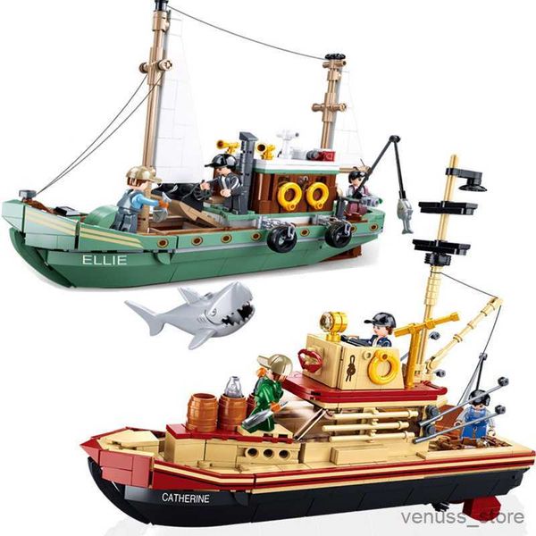 Blocs ville bateau de pêche modèle blocs de construction ensemble bateau Pirate mer requin blanc figurines jouets avec autocollants R230617